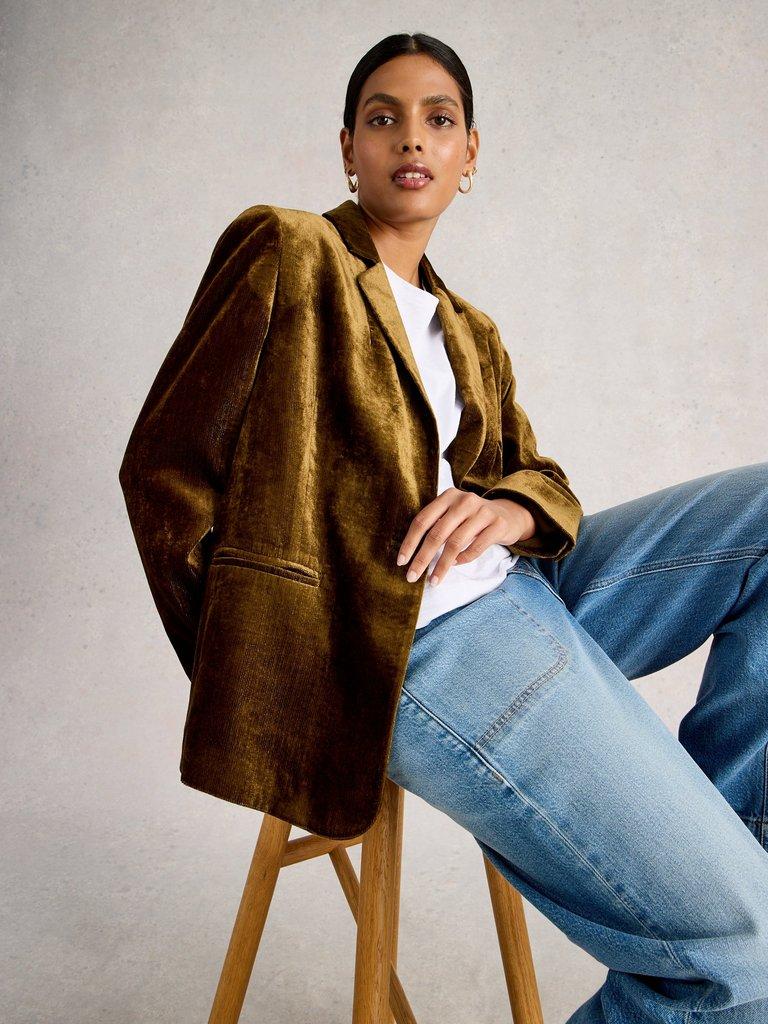 Evelyn Collared Velvet Blazer in DK CHART - LIFESTYLE