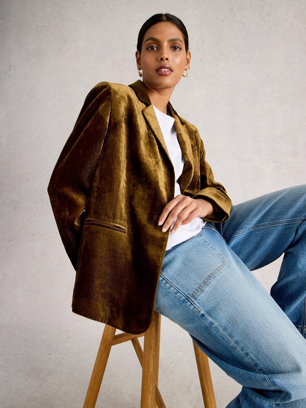 Evelyn Collared Velvet Blazer in DK CHART - LIFESTYLE