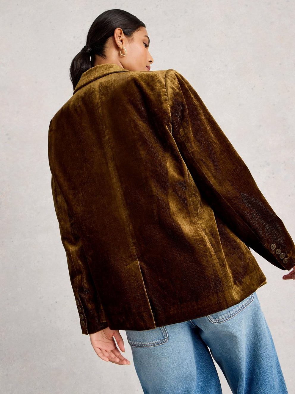 Evelyn Collared Velvet Blazer in DK CHART - MODEL BACK