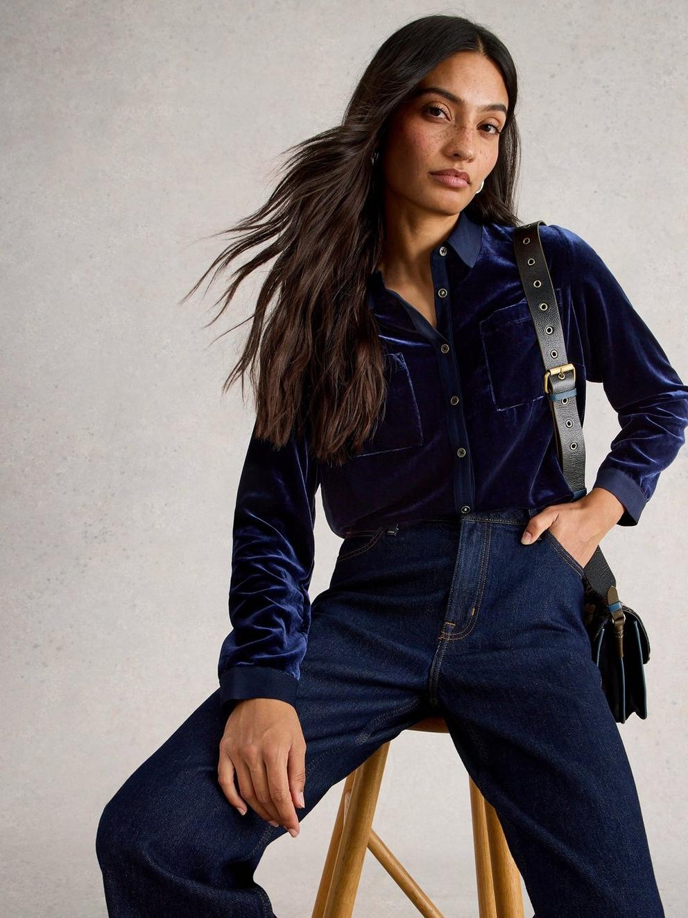 Sophie Velvet Shirt in DARK NAVY - LIFESTYLE