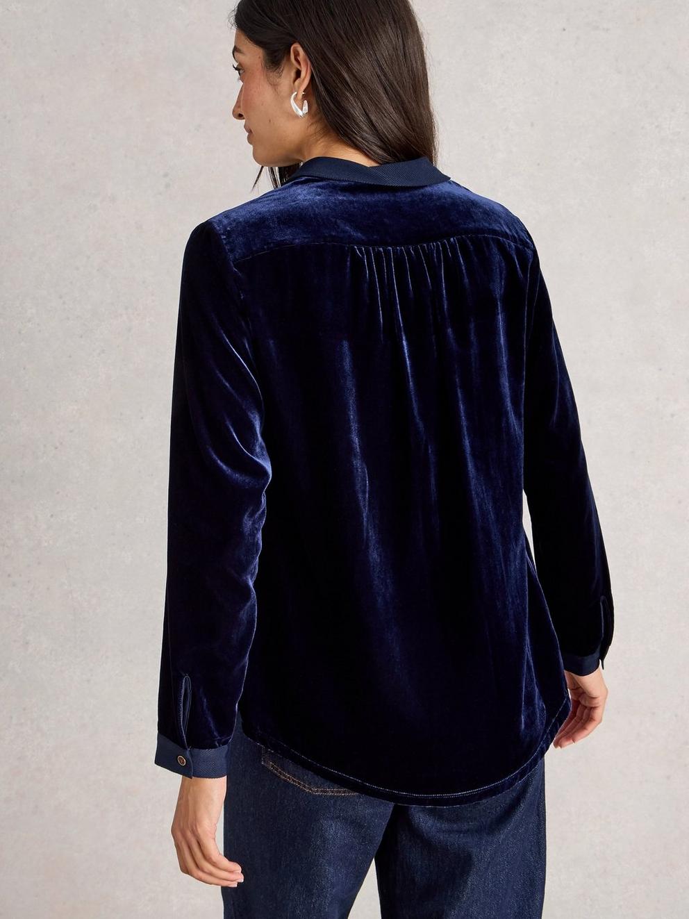 Sophie Velvet Shirt in DARK NAVY - MODEL BACK