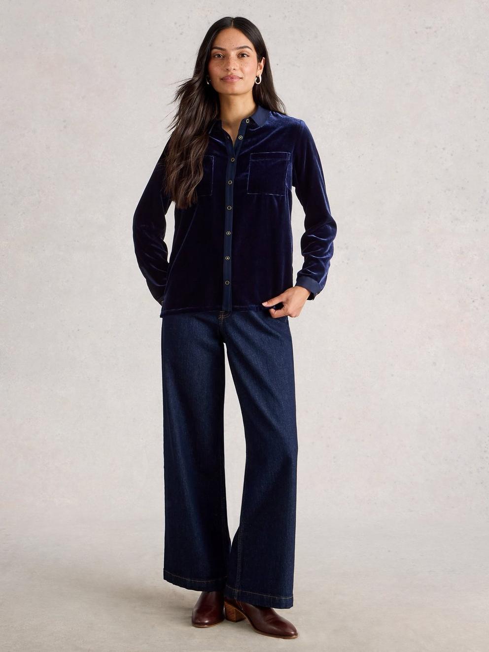 Sophie Velvet Shirt in DARK NAVY - MODEL FRONT