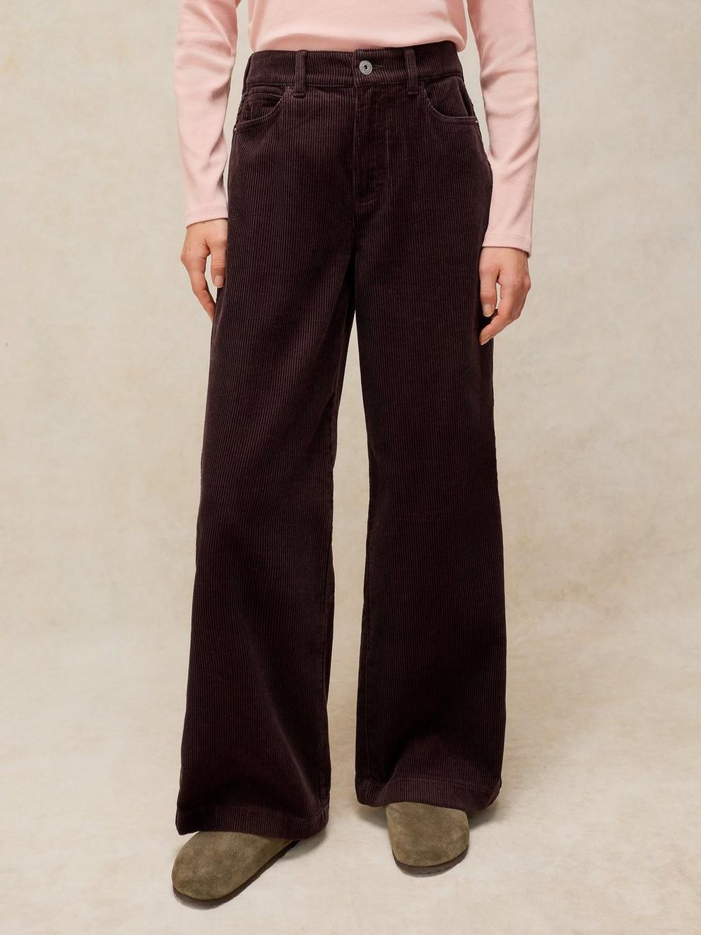 Ayla Wide Leg Cord Trouser in DK BROWN - MODEL FRONT