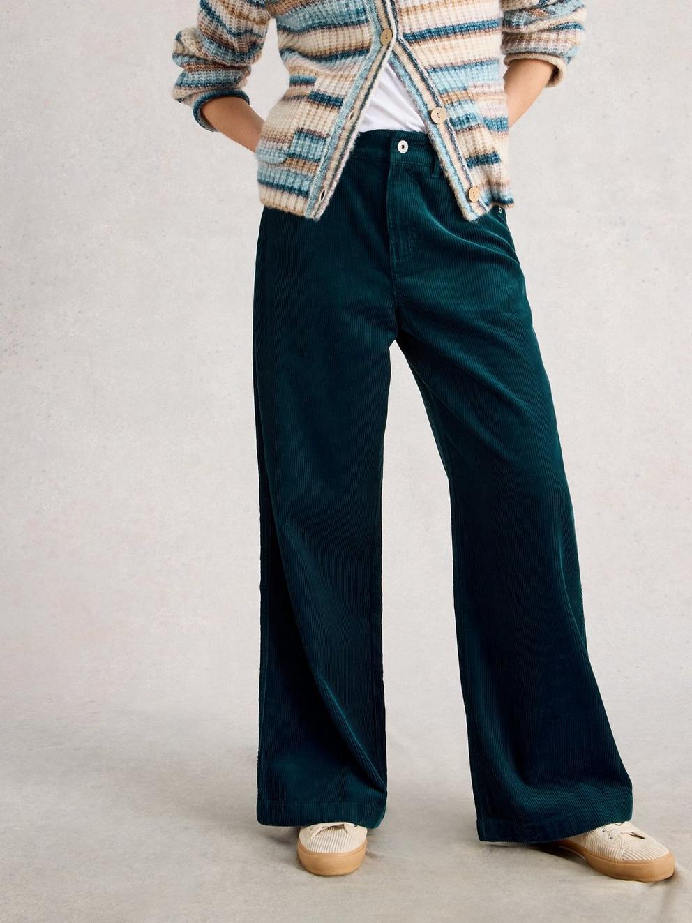 Ayla Wide Leg Cord Trouser in DK TEAL - MODEL DETAIL