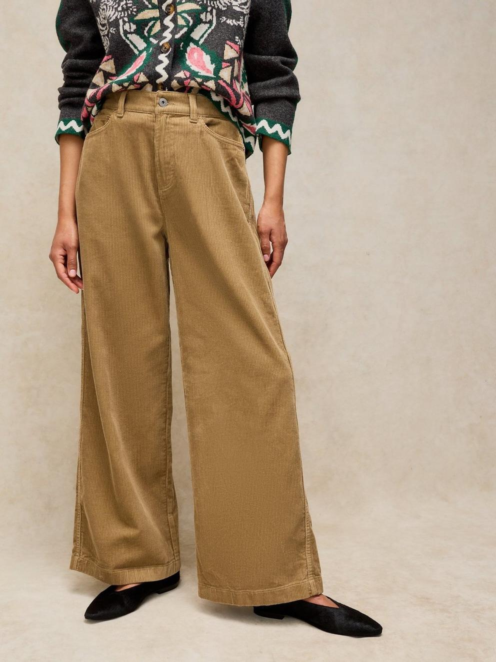 Ayla Wide Leg Cord Trouser in LGT GREEN - MODEL DETAIL