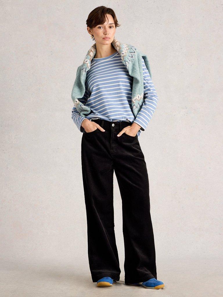 Ayla Wide Leg Cord Trouser in PURE BLK - MODEL FRONT