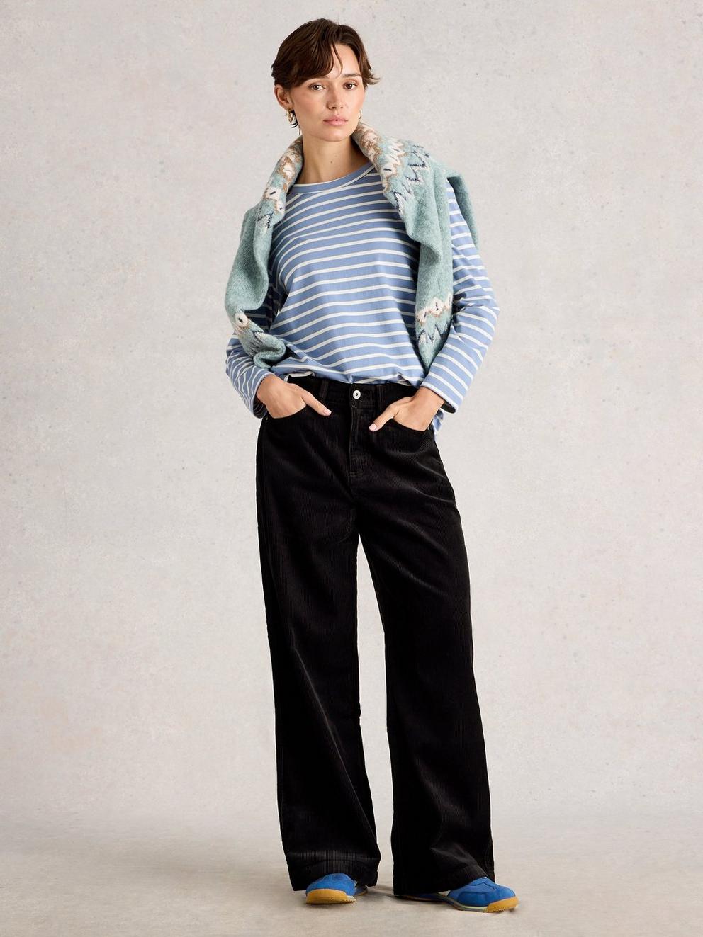 Ayla Wide Leg Cord Trouser in PURE BLK - MODEL FRONT