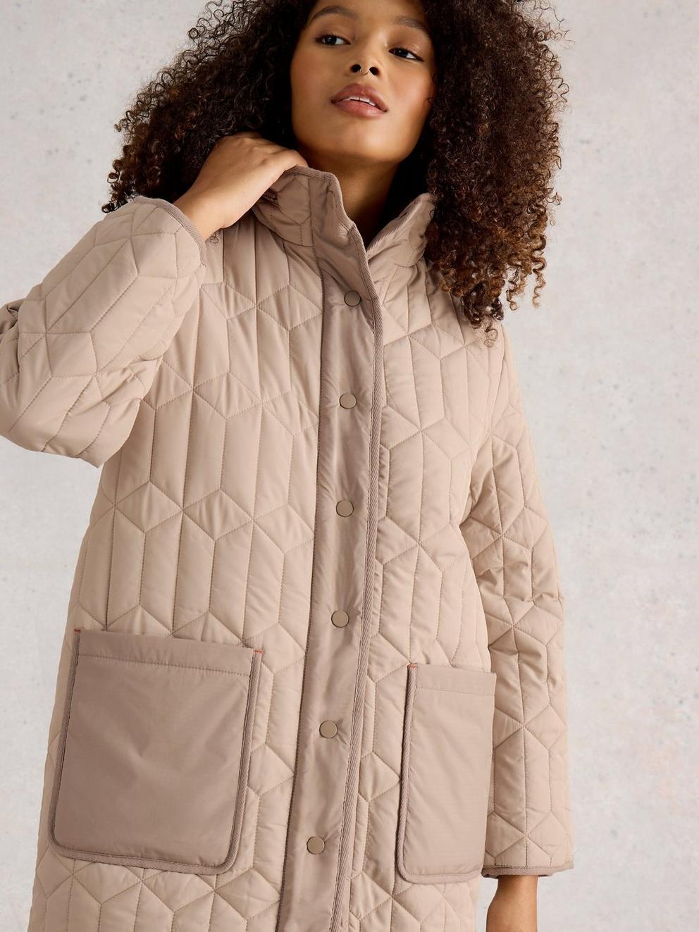 Carmel Quilted Borg Lined Coat in DK NAT - MODEL DETAIL