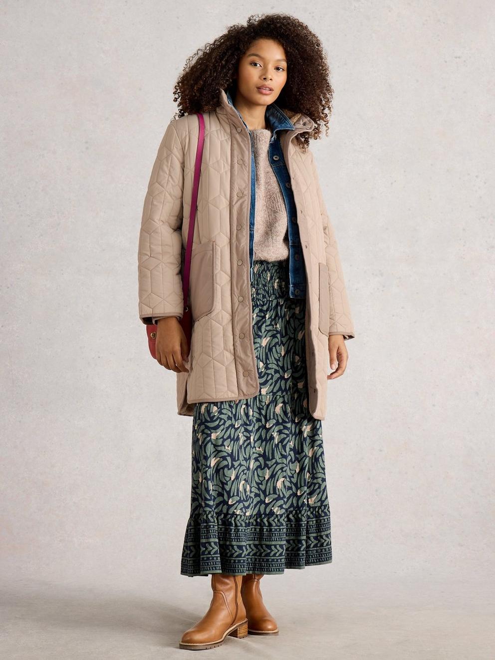 Carmel Quilted Borg Lined Coat in DK NAT - MODEL FRONT