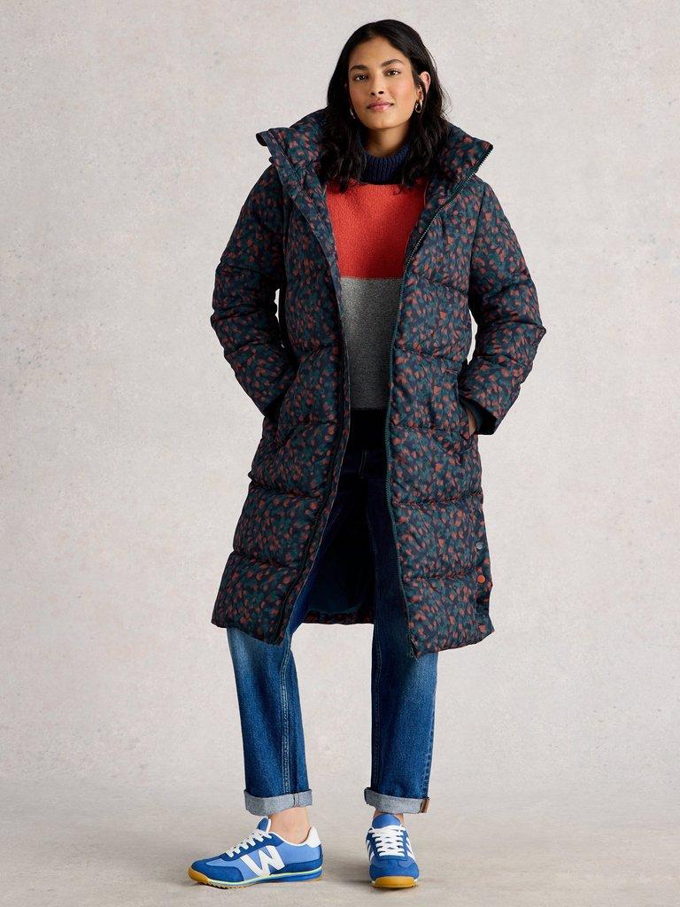 Elyse Hooded Quilted Coat in BLUE MLT - MODEL FRONT