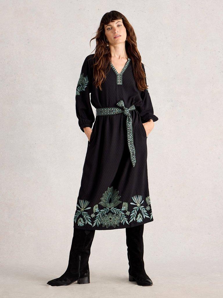 Evie Embroidered Dress in BLK MLT - MODEL FRONT