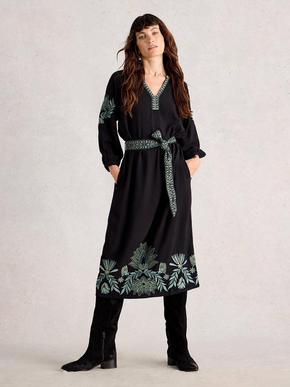 Evie Embroidered Dress in BLK MLT - MODEL FRONT