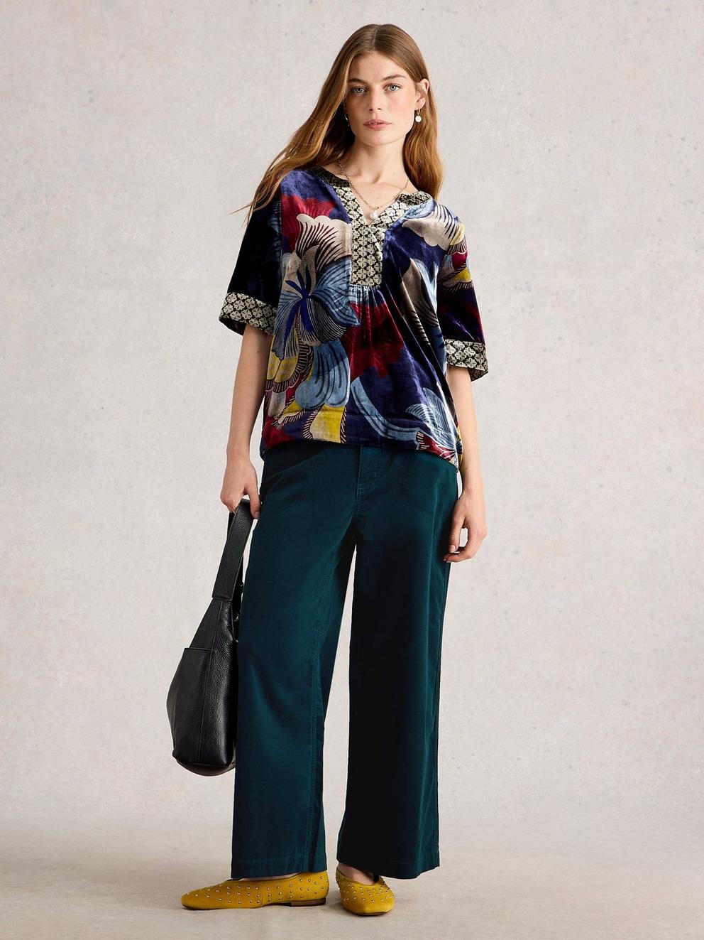 Tia Velvet Wide Leg Crop in DK TEAL - MODEL FRONT