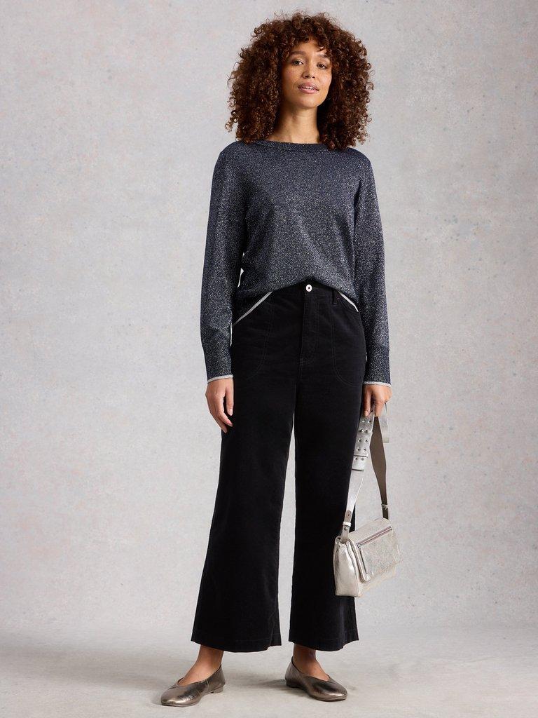 Tia Velvet Wide Leg Crop in PURE BLK - MODEL FRONT