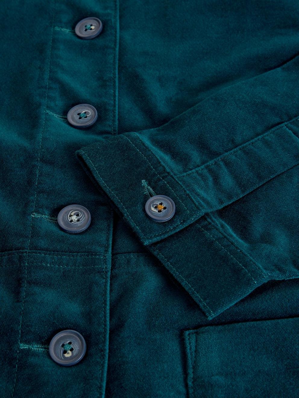 Carrie Collared Velvet Jacket in DK TEAL - FLAT DETAIL