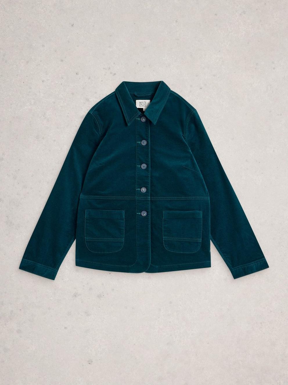Carrie Collared Velvet Jacket in DK TEAL - FLAT FRONT