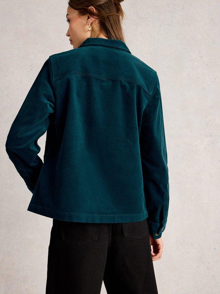 Carrie Collared Velvet Jacket in DK TEAL - MODEL BACK