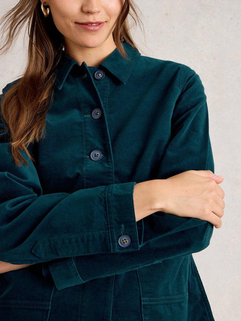 Carrie Collared Velvet Jacket in DK TEAL - MODEL DETAIL
