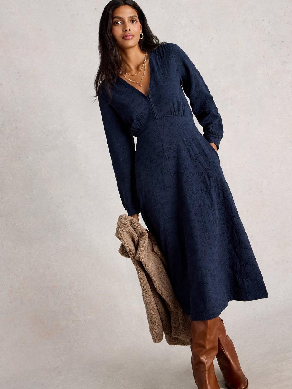 Sugarhill Esme Jersey Midi Dress Navy, Tropic Palm Embroidery