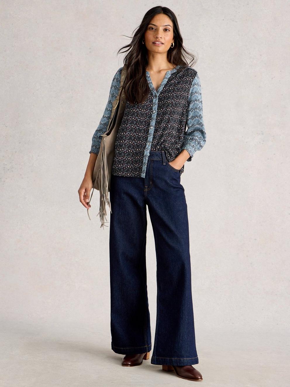 May Mixed Print Top in BLUE MLT - MODEL FRONT