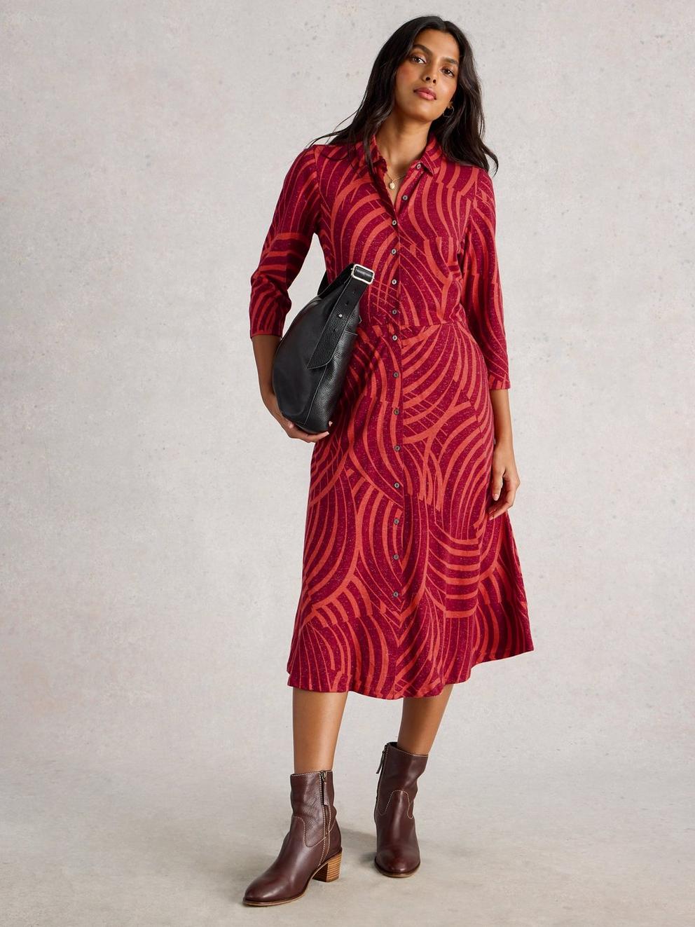 Rua Sparkle Jersey Shirt Midi Dress in RED PR - MODEL FRONT