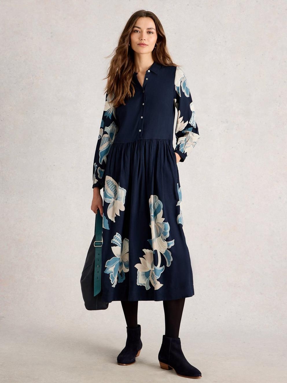 Claire Shirt Dress in NAVY PR - MODEL FRONT