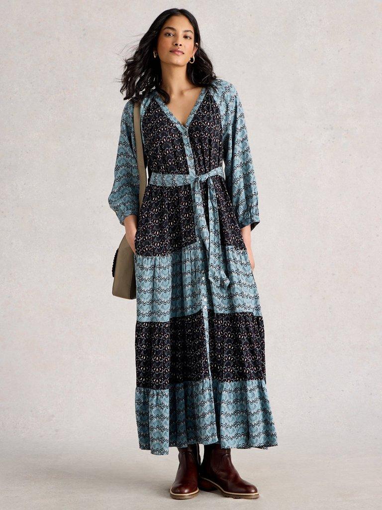 Clementine V Neck Maxi Dress in BLUE MLT - MODEL FRONT