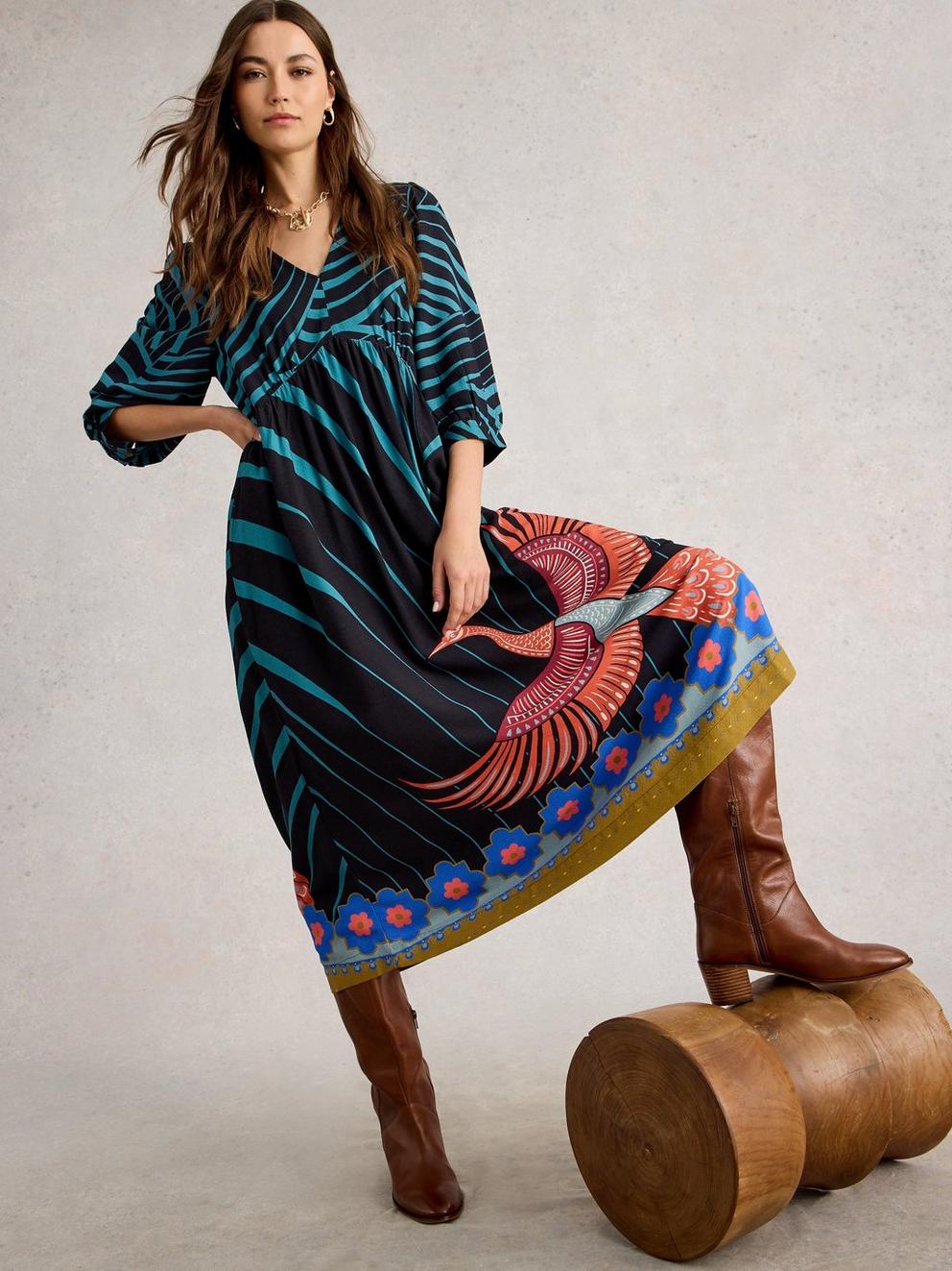 Lucy Midi  V Neck Dress in BLK MLT - LIFESTYLE