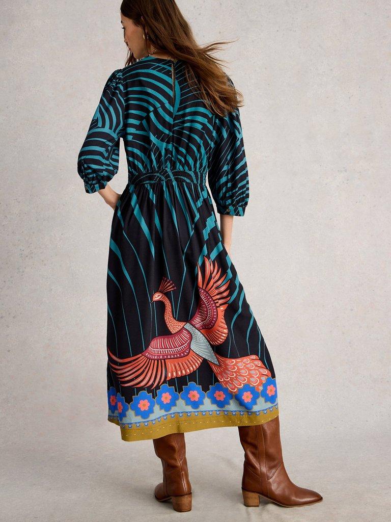 Lucy Midi  V Neck Dress in BLK MLT - MODEL BACK