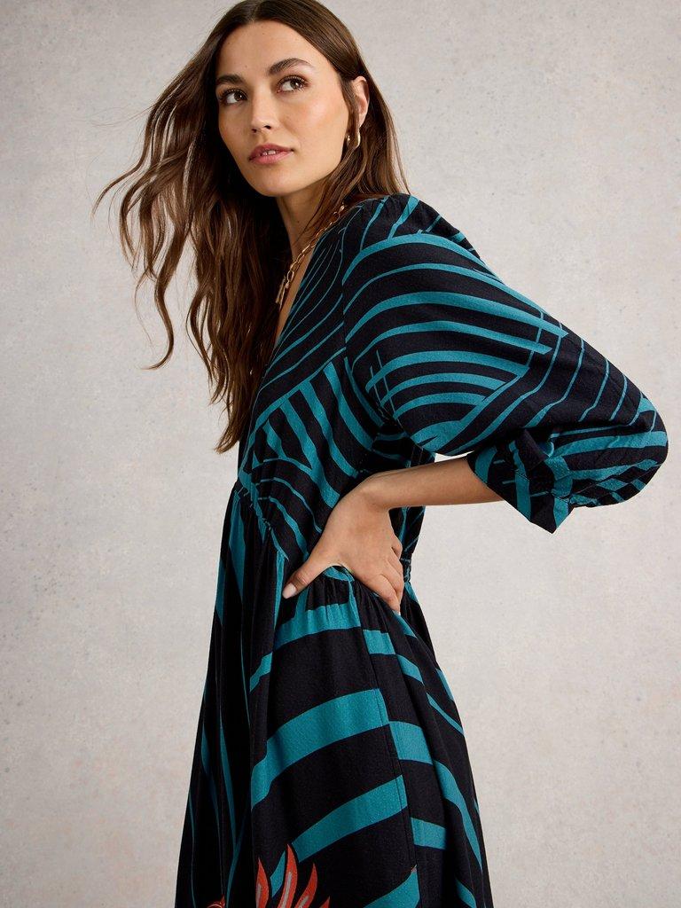 Lucy Midi  V Neck Dress in BLK MLT - MODEL DETAIL