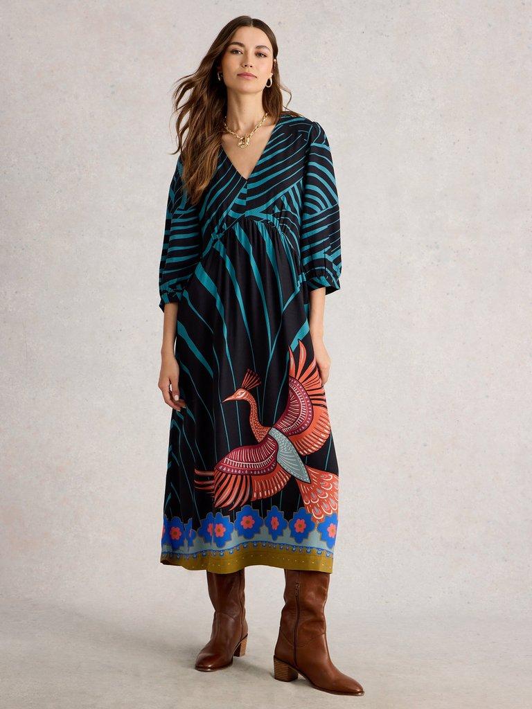 Lucy Midi  V Neck Dress in BLK MLT - MODEL FRONT