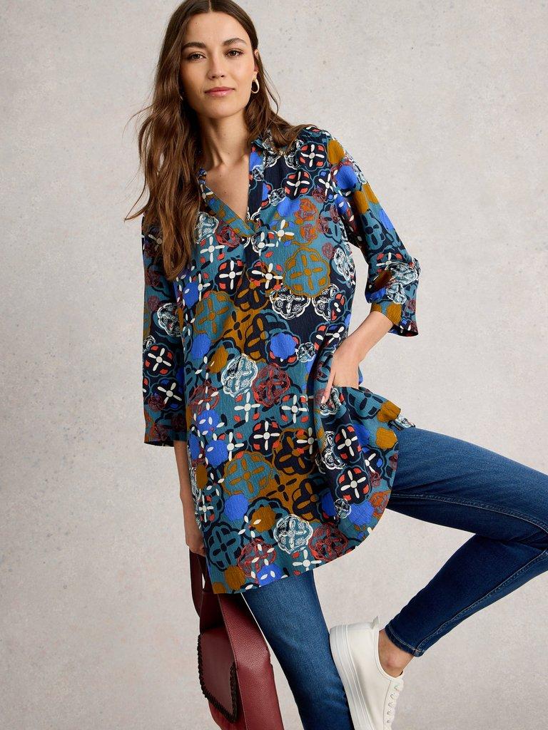 Blake Long Sleeve Tunic in CHART MLT - MODEL DETAIL
