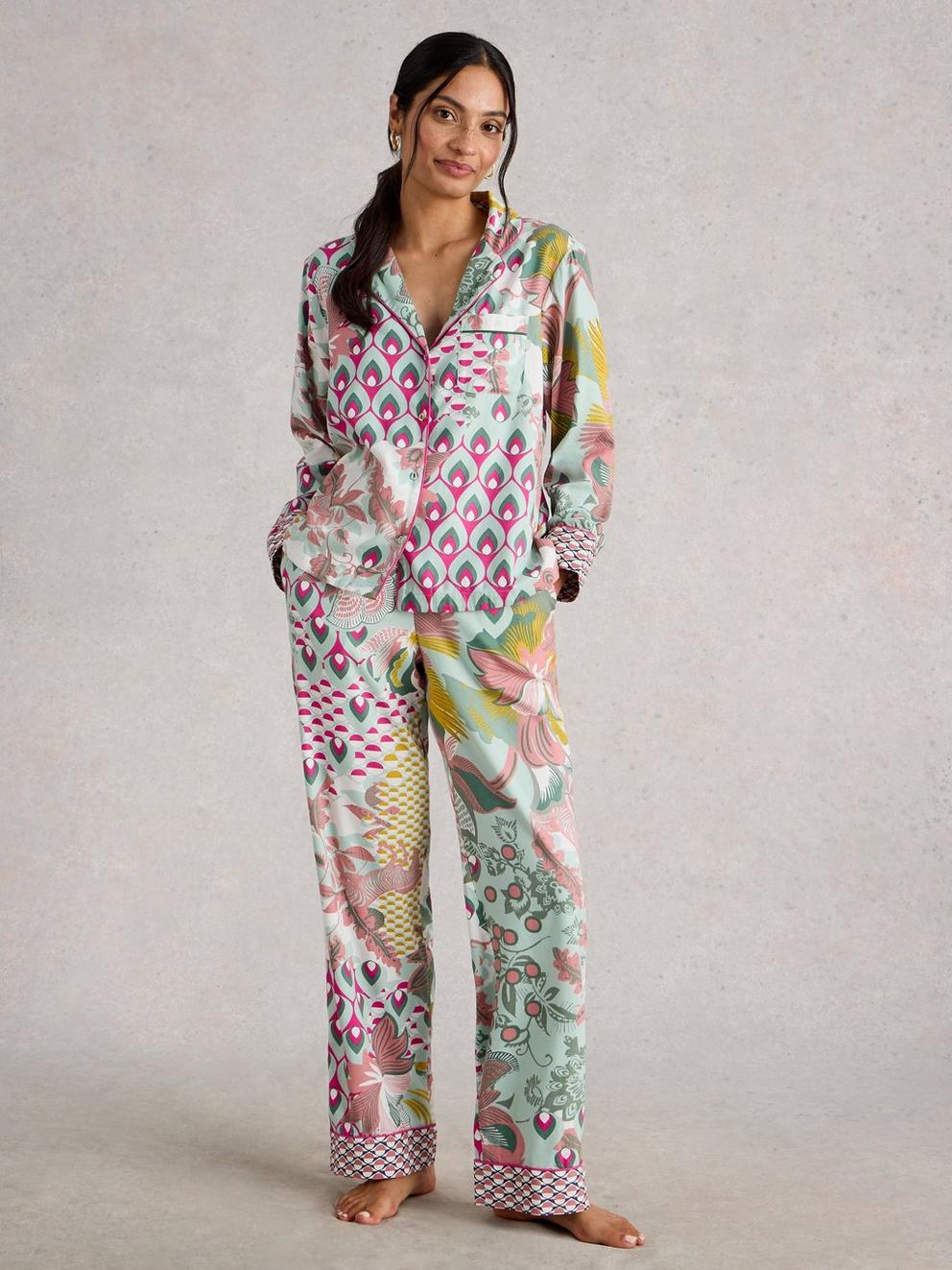 NINA ORGANIC PJ LONG SLEEVE SHIRT in GREEN MLT - MODEL FRONT