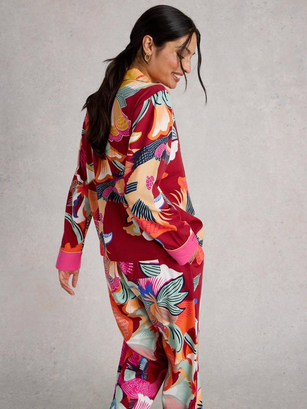 NINA ORGANIC PJ LONG SLEEVE SHIRT in RED MLT - MODEL BACK