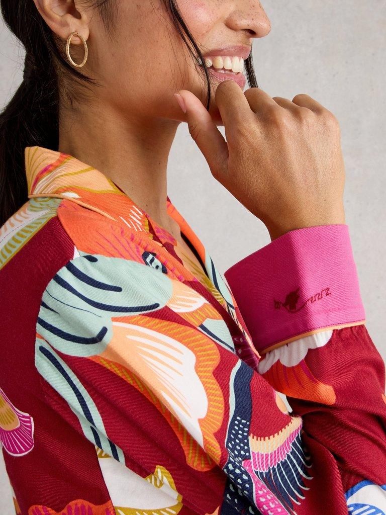 NINA ORGANIC PJ LONG SLEEVE SHIRT in RED MLT - MODEL DETAIL