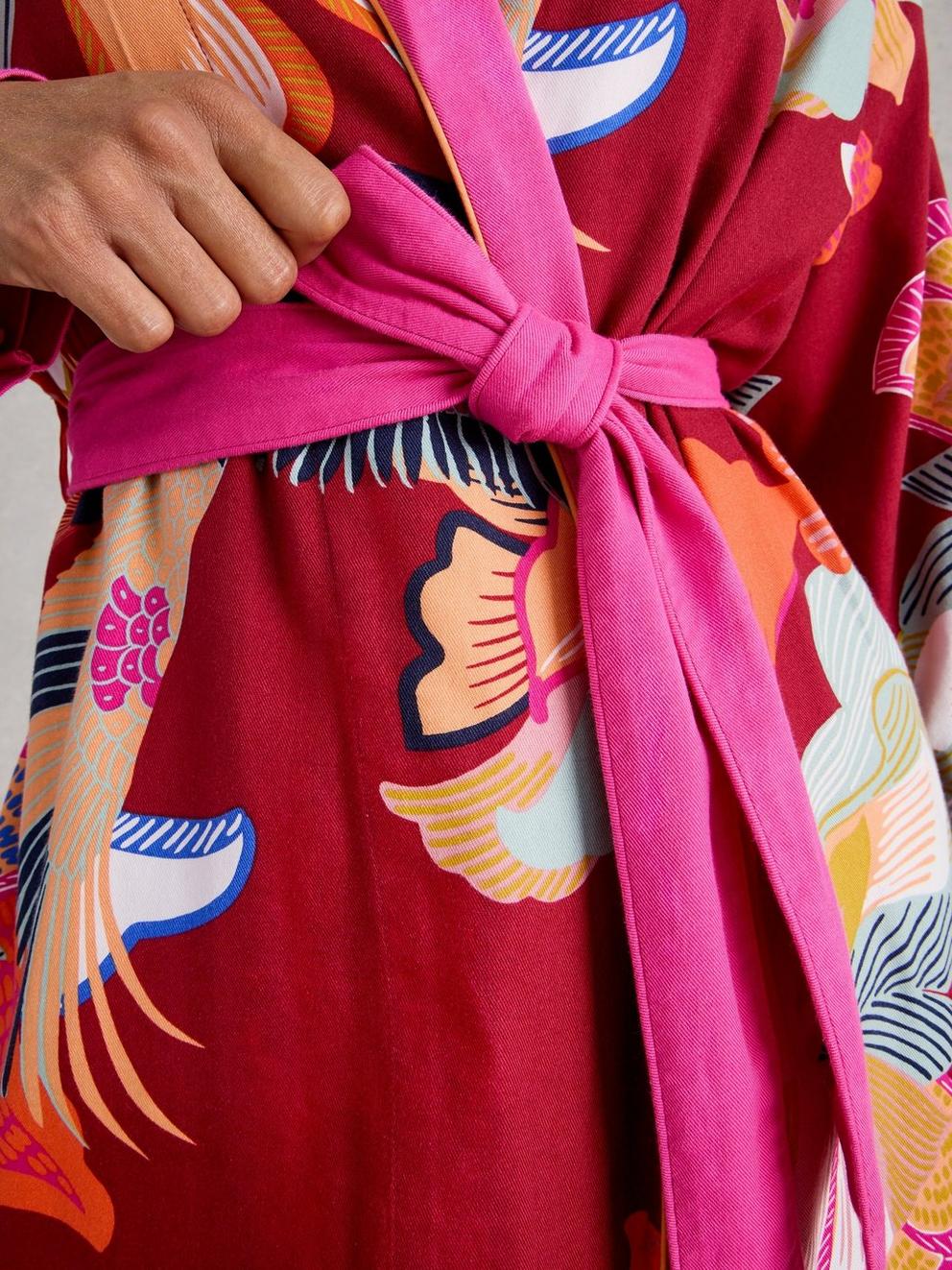 NINA WOVEN DRESSING GOWN in RED MLT - MODEL DETAIL