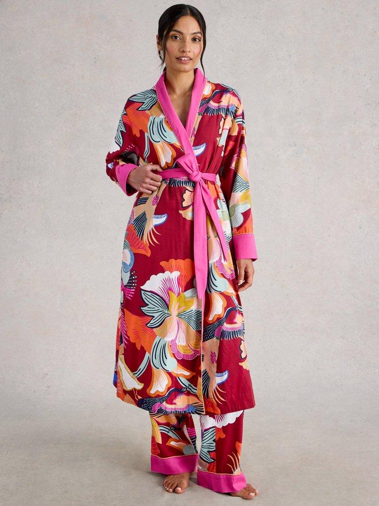 NINA WOVEN DRESSING GOWN in RED MLT - MODEL FRONT