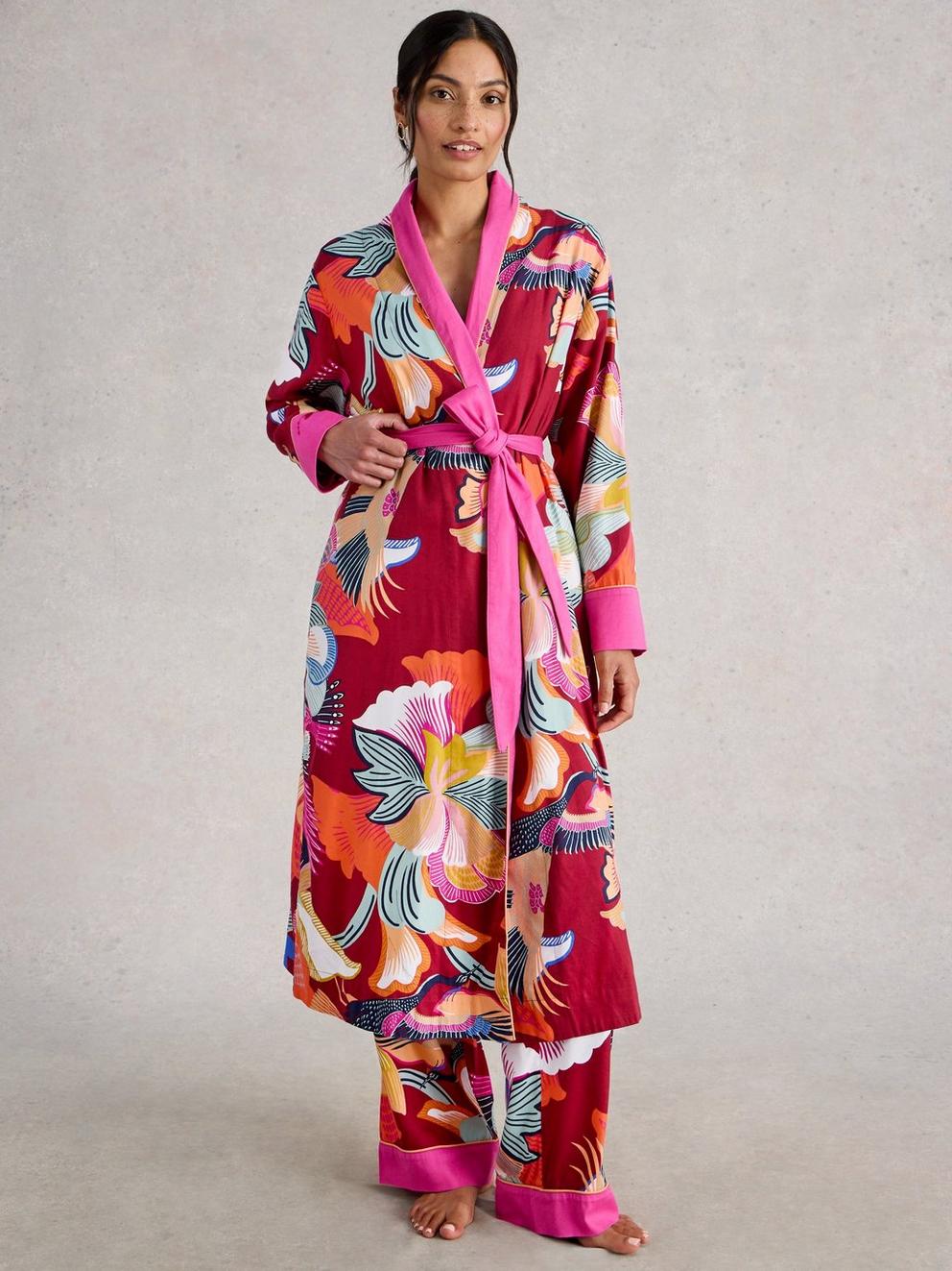 NINA WOVEN DRESSING GOWN in RED MLT - MODEL FRONT