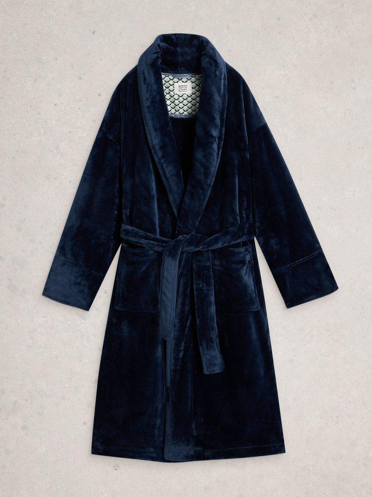 CLOVER COSY SHAWL NECK DRESSING GOWN in DARK NAVY - FLAT FRONT