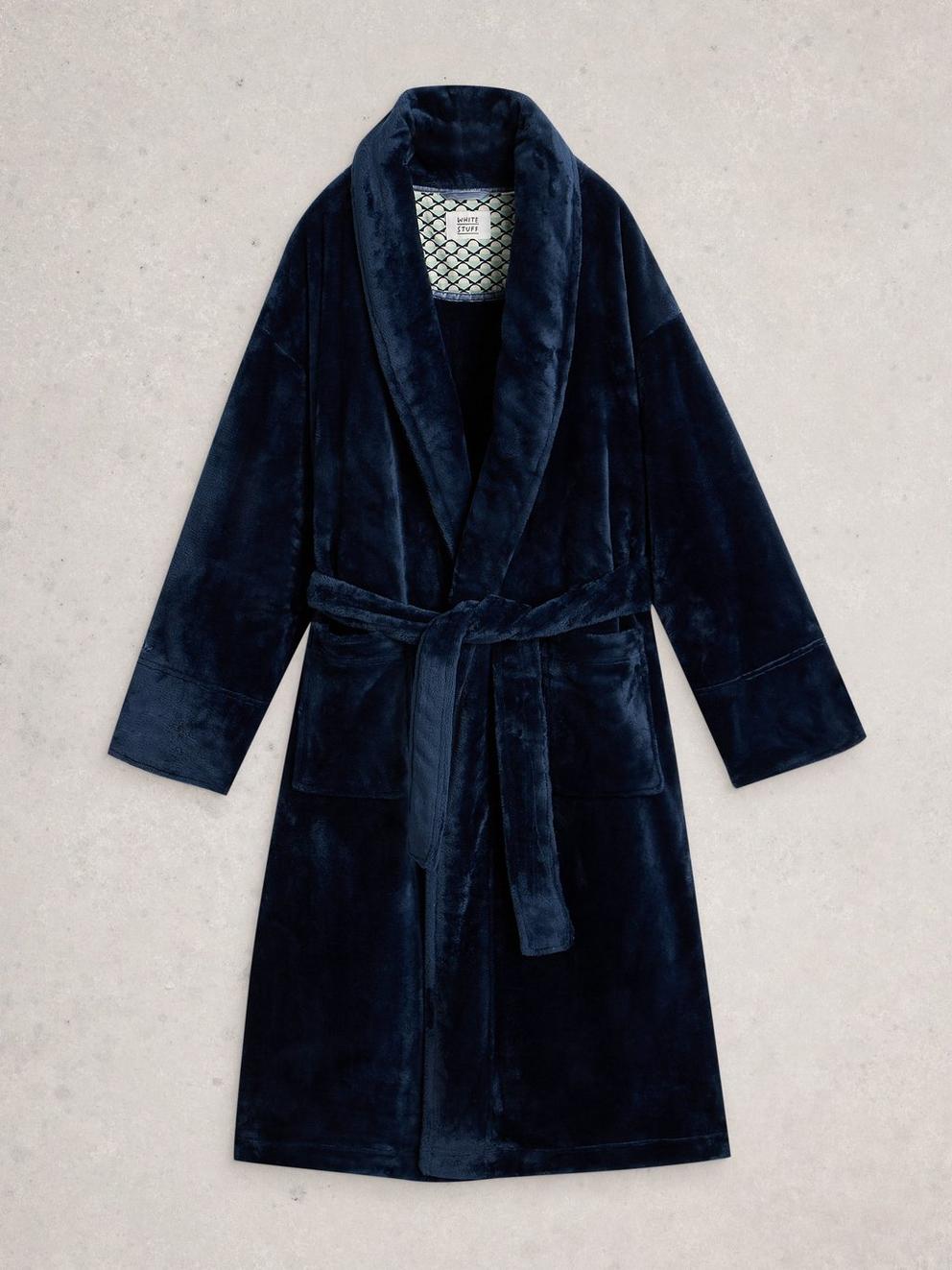 CLOVER COSY SHAWL NECK DRESSING GOWN in DARK NAVY - FLAT FRONT