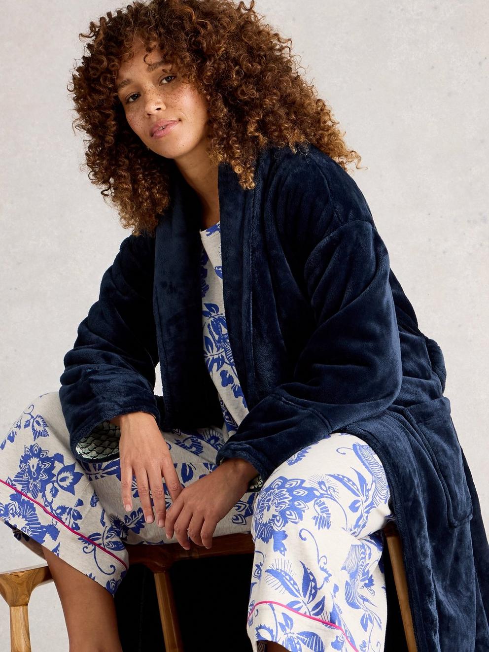 CLOVER COSY SHAWL NECK DRESSING GOWN in DARK NAVY - LIFESTYLE