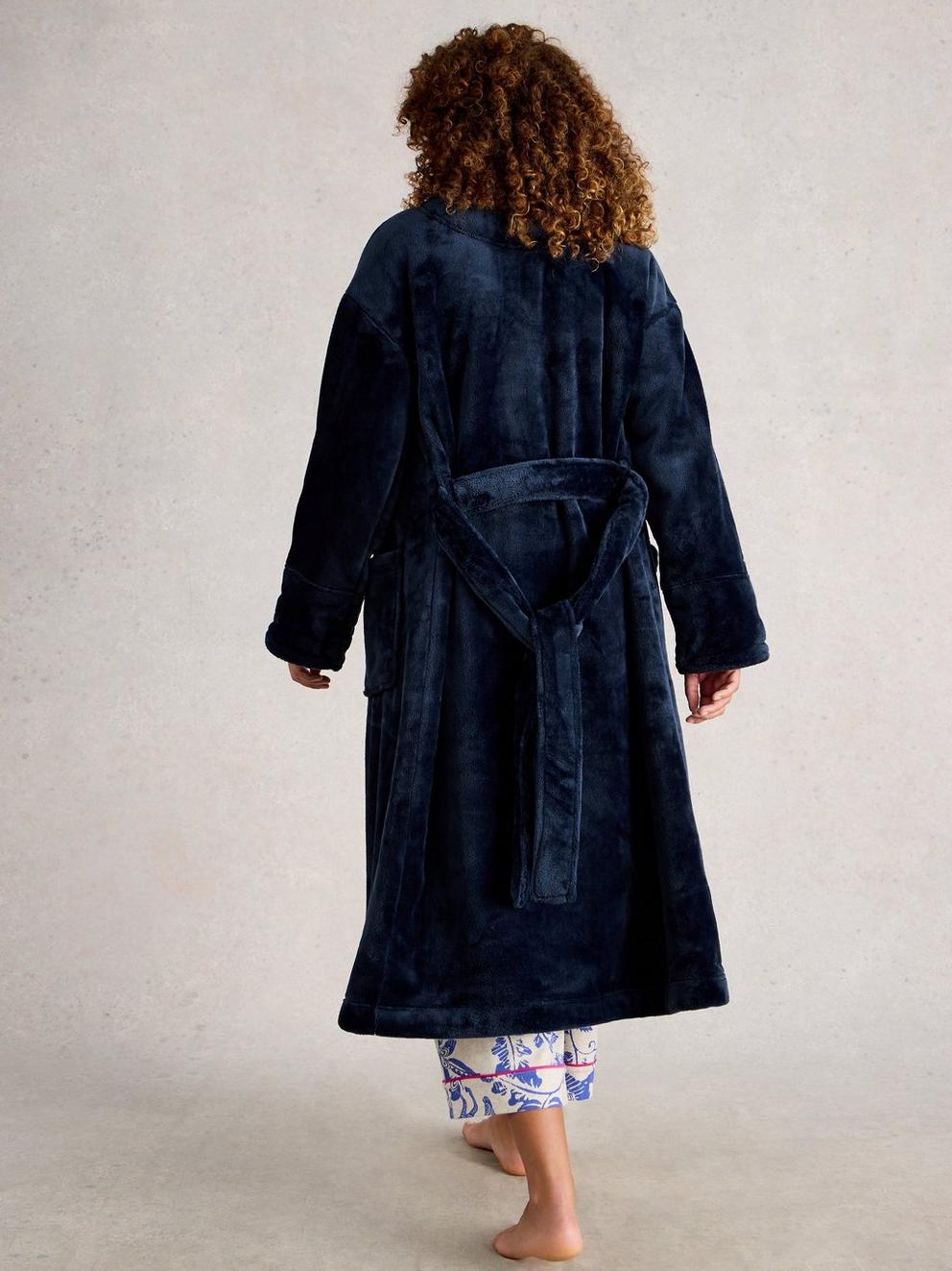 CLOVER COSY SHAWL NECK DRESSING GOWN in DARK NAVY - MODEL BACK