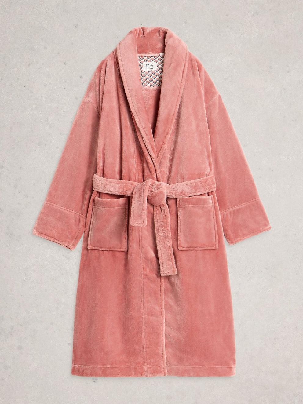 CLOVER COSY SHAWL NECK DRESSING GOWN in LGT PINK - FLAT FRONT