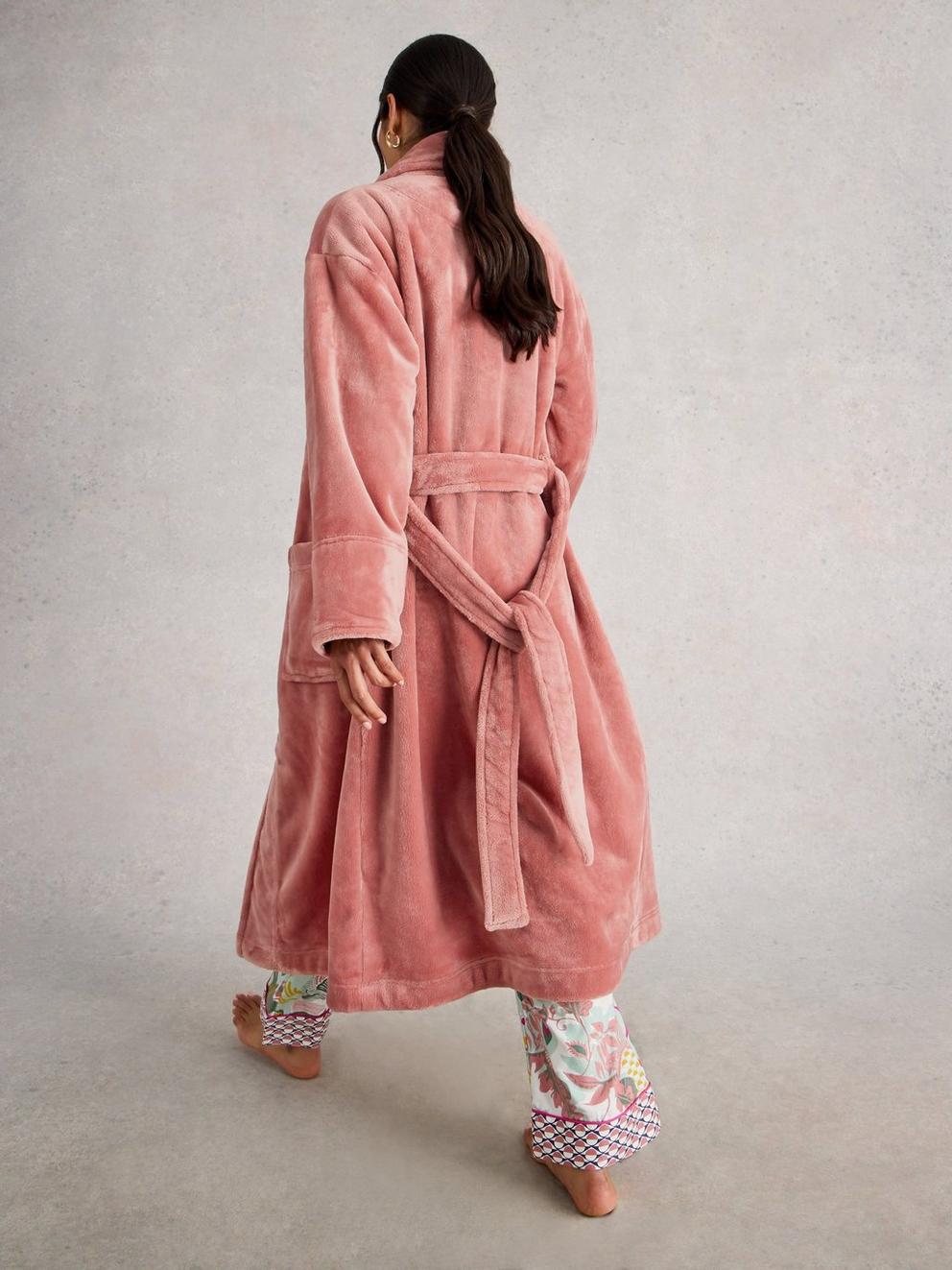 CLOVER COSY SHAWL NECK DRESSING GOWN in LGT PINK - MODEL BACK