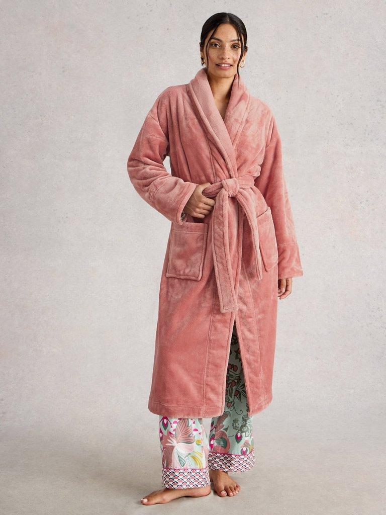 CLOVER COSY SHAWL NECK DRESSING GOWN in LGT PINK - MODEL FRONT
