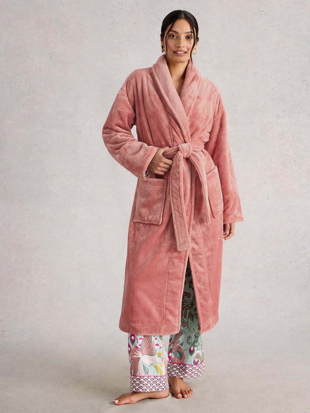 CLOVER COSY SHAWL NECK DRESSING GOWN in LGT PINK - MODEL FRONT