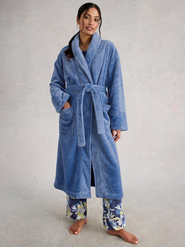 CLOVER DRESSING GOWN in LGT BLUE - MODEL FRONT