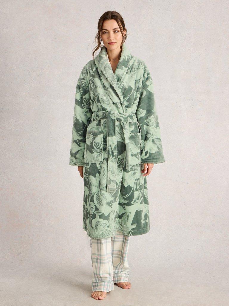 CLOVER PRINT DRESSING GOWN in GREEN MLT - MODEL FRONT
