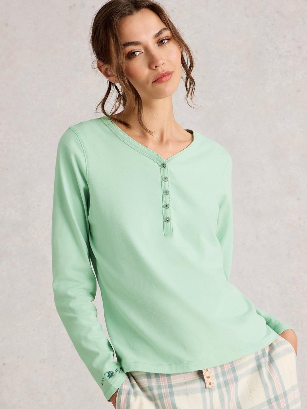 PENNY HENLEY PJ TOP in LGT GREEN - MODEL DETAIL