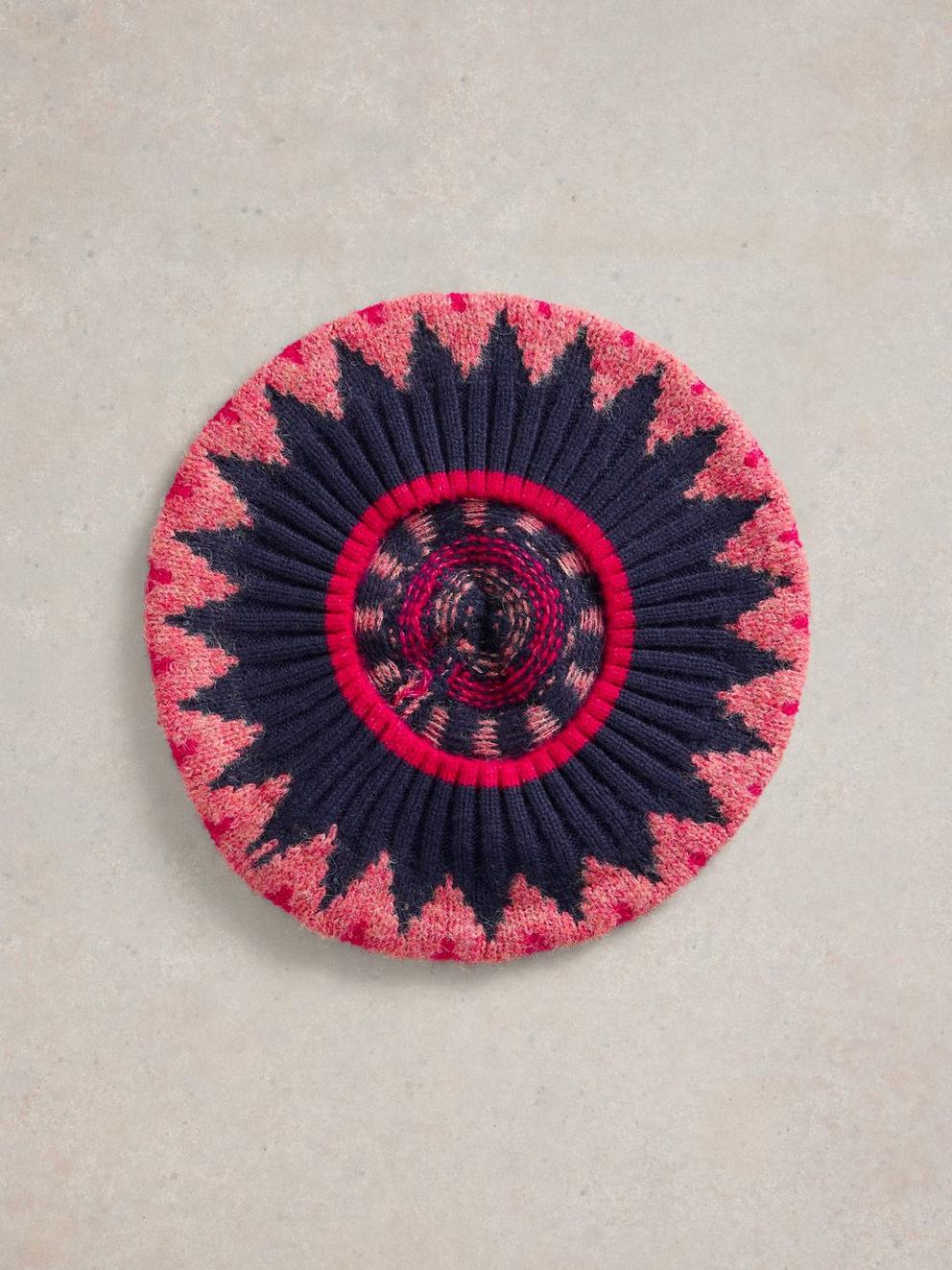 Fairisle Beret in NAVY MULTI - FLAT DETAIL